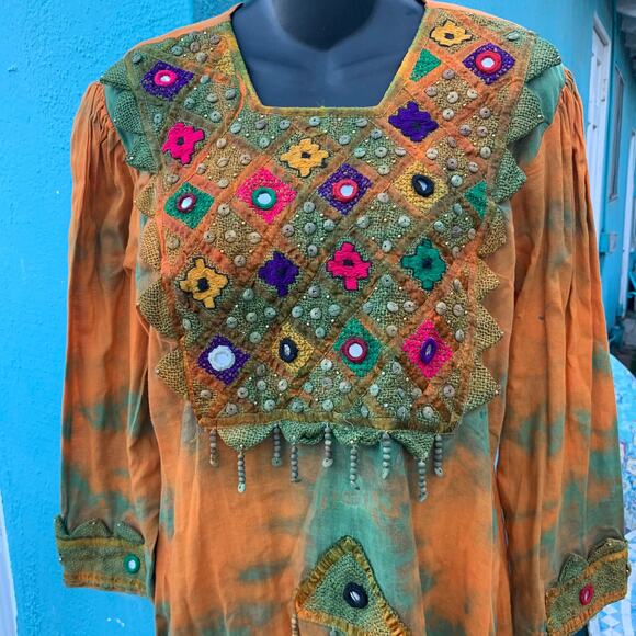 VINTAGE TIE DYE FESTIVAL HIPPIE MIRRORED EMBROIDERED KAFTAN CAFTAN DRESS M/L - Picture 2 of 10